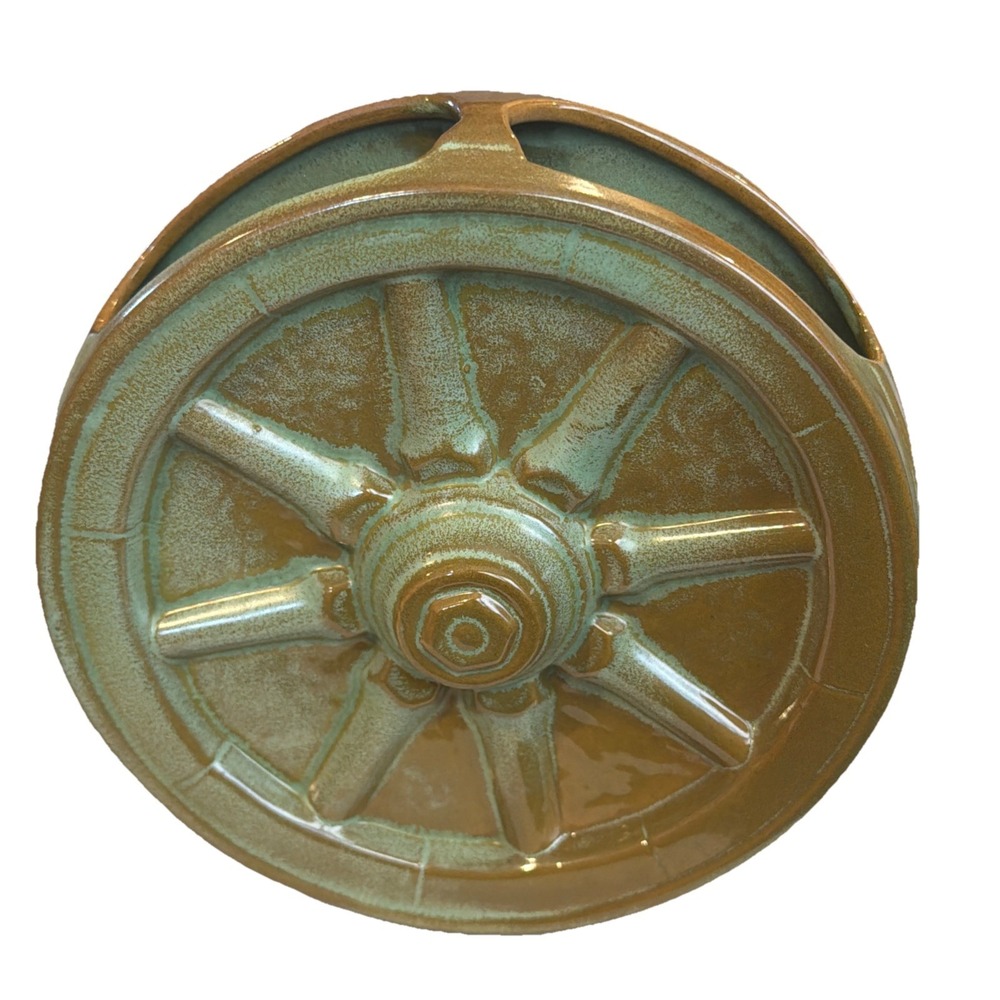 Vtg‎ Frankoma Pottery Wagon Wheel Wall Pocket Vase Prairie Green/brown